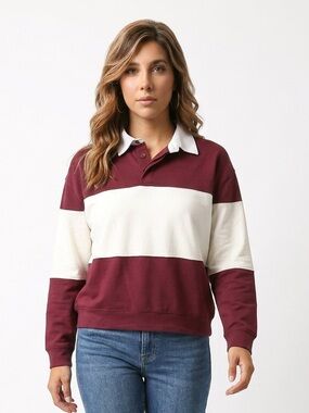 Women's Maroon and Cream Striped Button-Down Top